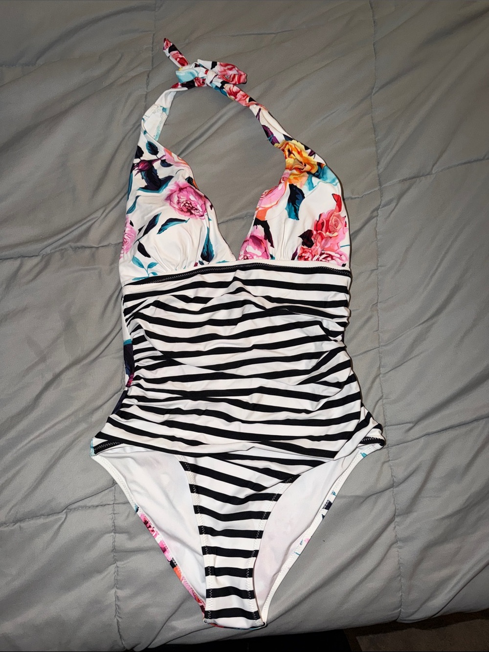 Cupshe Floral & Stripe Halter One-Piece Swimsuit